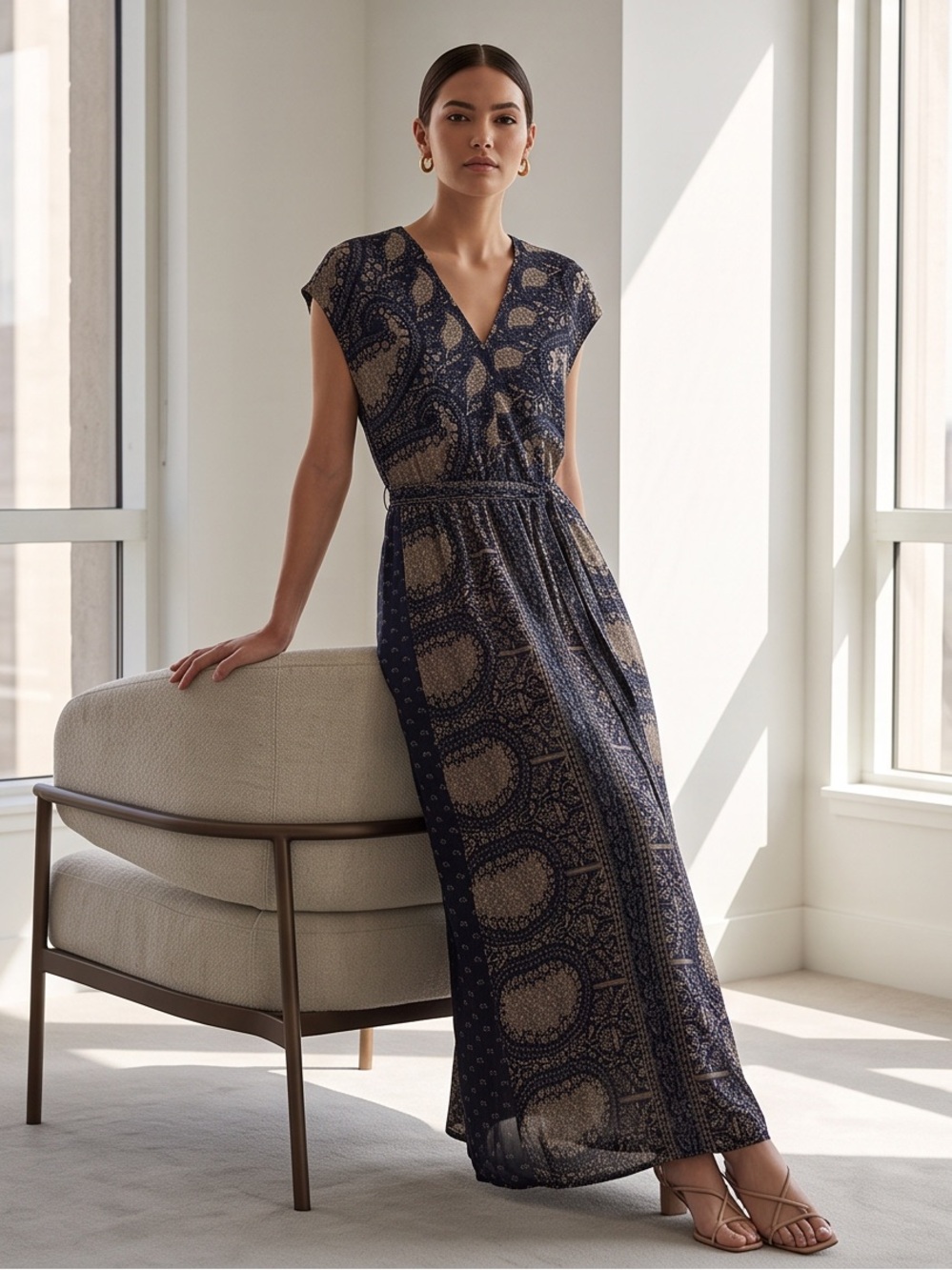 Lucky Brand Elegant Navy and Beige Maxi Dress